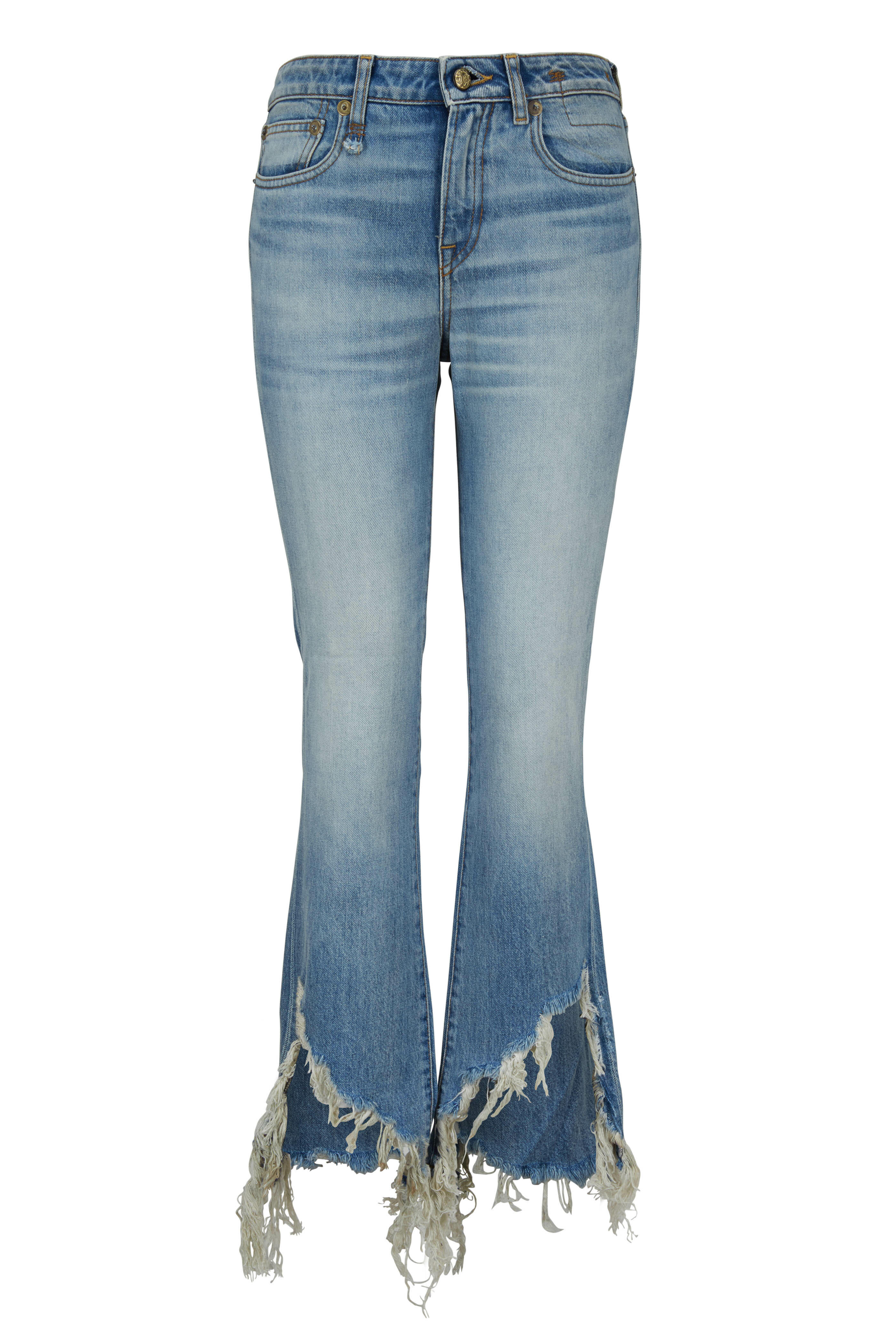 【PORTERNA】Lupin Straight Jeans R13 - Kick Fit Mason Blue Torn Hem Jean | Mitchell Stores
