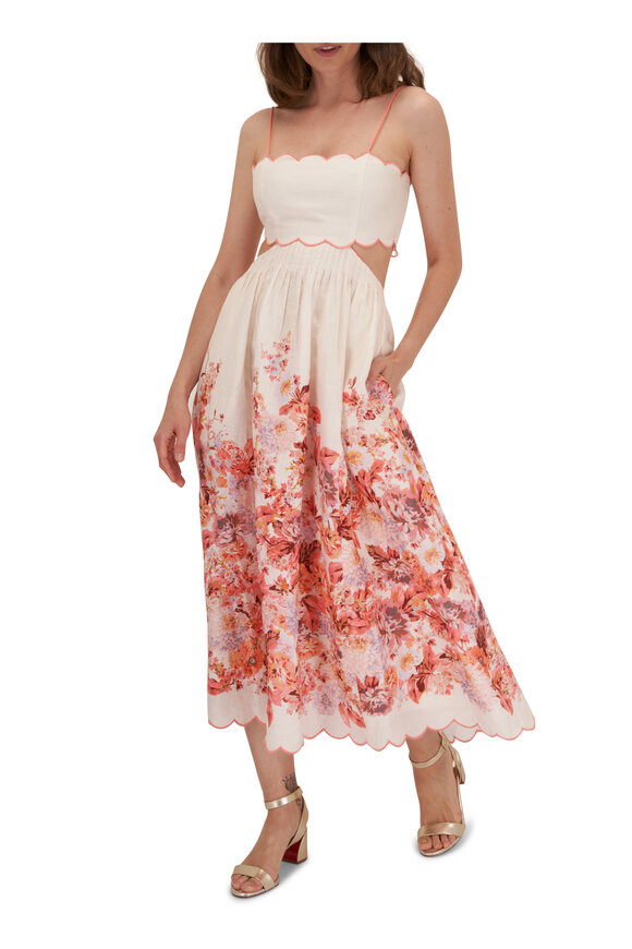 Zimmermann - Devi Cream Floral Scallop Midi Dress