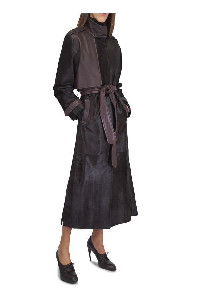 Designer outfit featuring Colt Chocolate Leather Pump, 85mm and Forget Me Not Deep Red Belted Coat