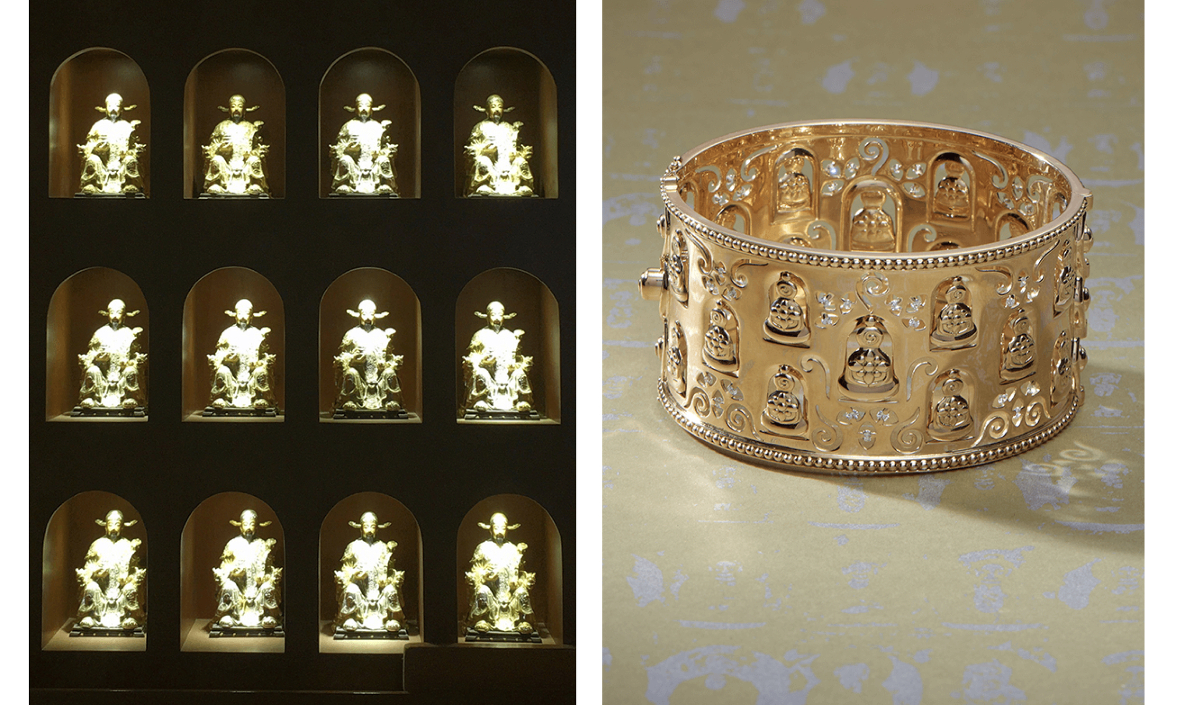 Wall of Buddhas in the Big Wild Goose Pagoda in Xi’an and Temple St. Clair 18K Thousand Buddha Bracelet