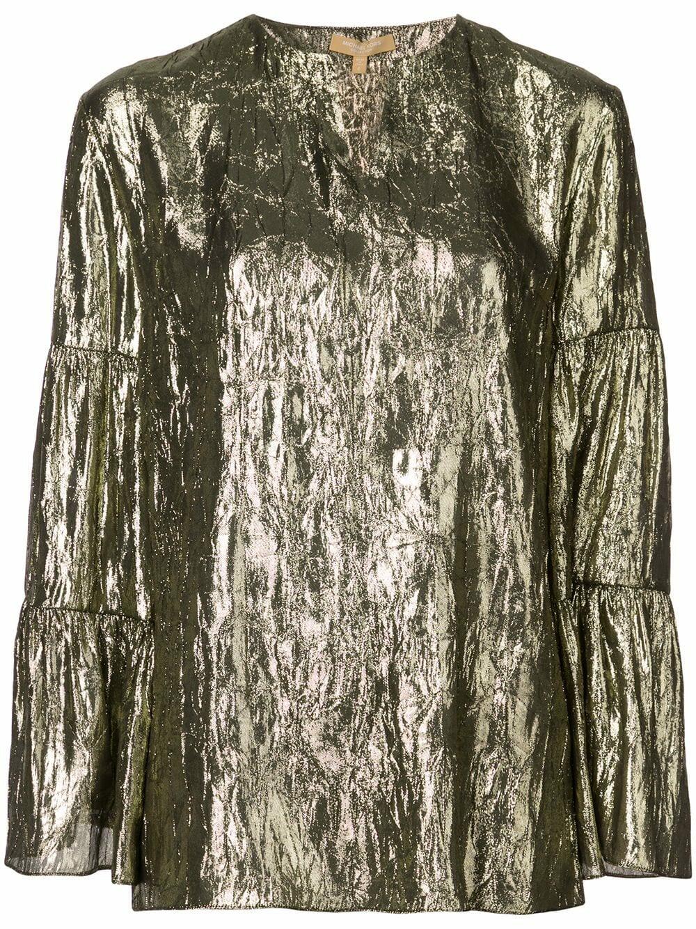 Michael Kors Collection - Gold Lamé Tiered Sleeve Peasant Top