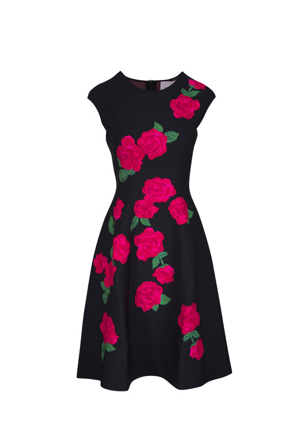 Carolina Herrera - Black Floral Jacquard Knit Knee-Length Dress