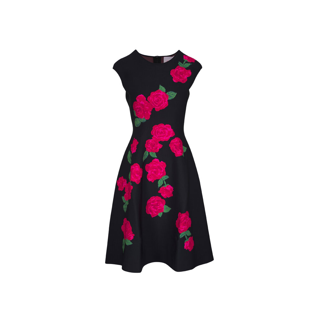 Carolina Herrera - Black Floral Jacquard Knit Knee-Length Dress