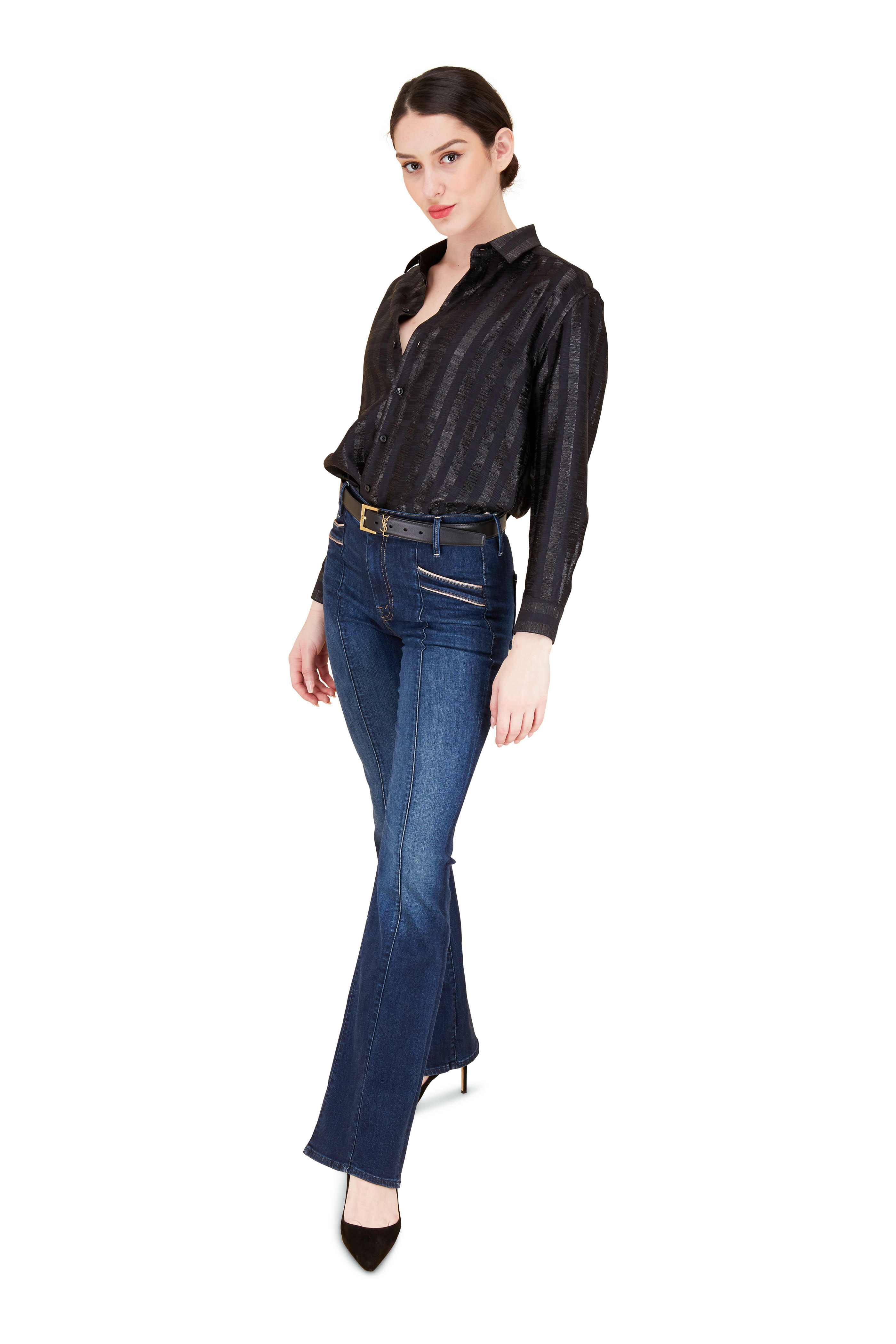 Saint Laurent - Black Silk Lamé Tonal Striped Blouse