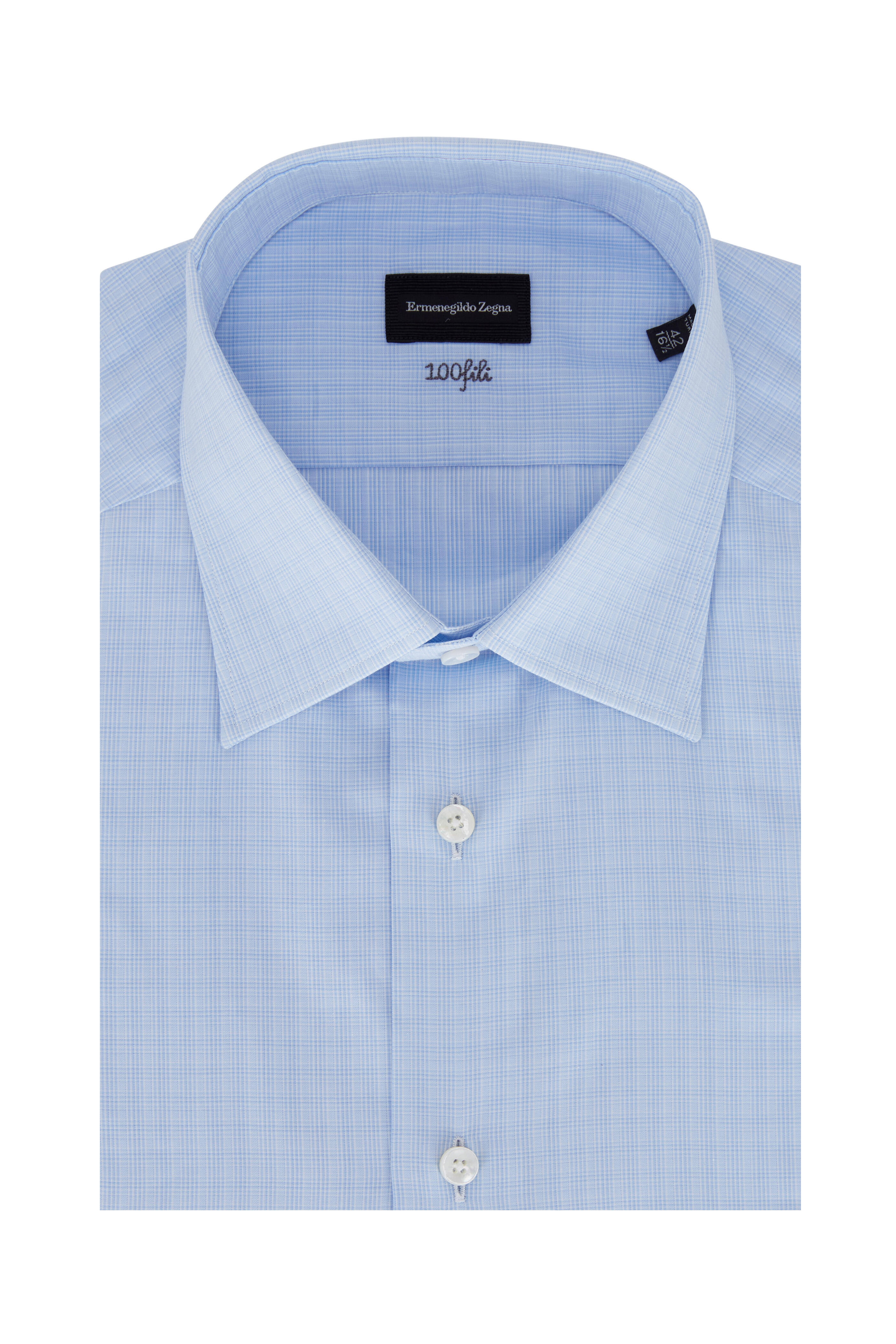 Zegna - 100fili Light Blue Check Cotton Dress Shirt