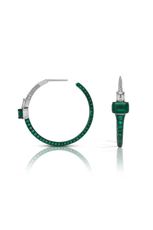 Mariani 18k White Gold Emerald & Diamond Hoop Earrings