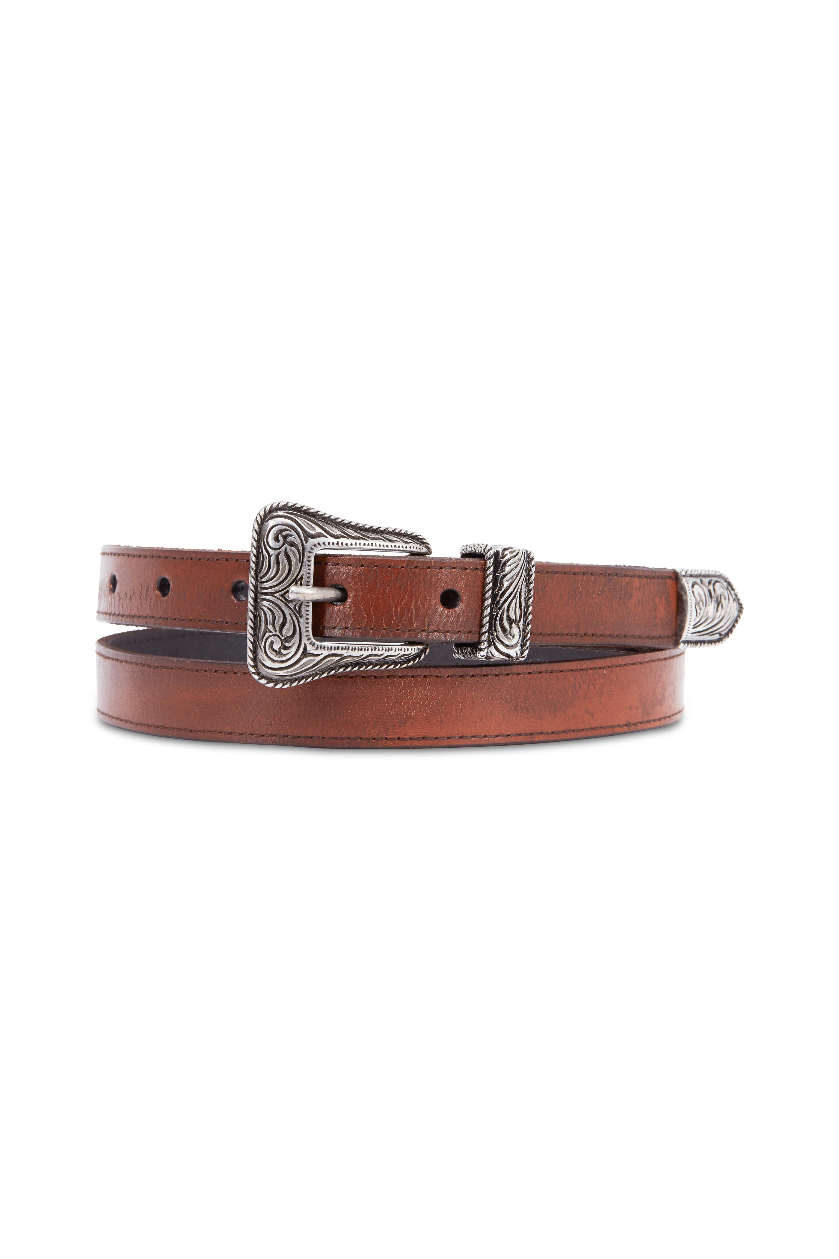 Saint Laurent - Brown Leather & Vintage Nickel Western Belt