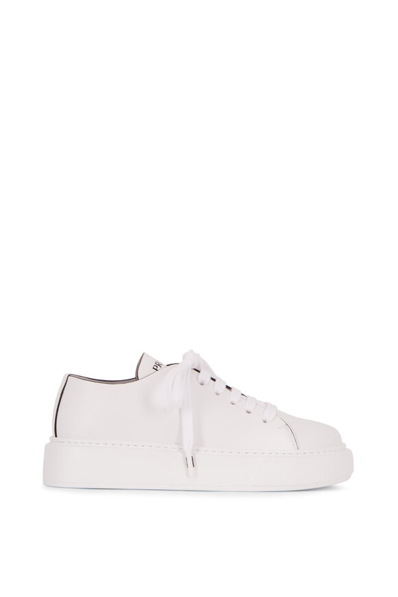 Prada - Bianco Vitello Leather Lace-Up Wedge Sneaker 