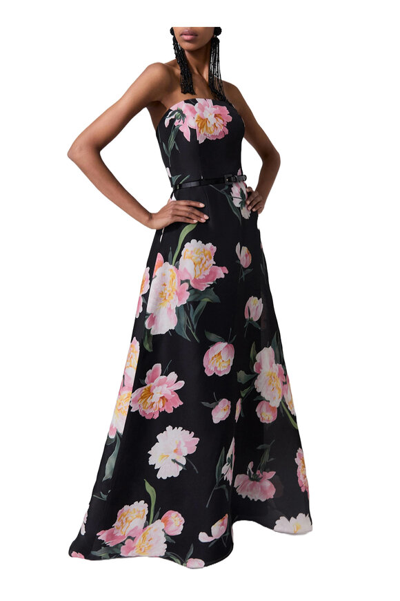 Carolina Herrera - Black Peony Floral Print Strapless A-line Gown