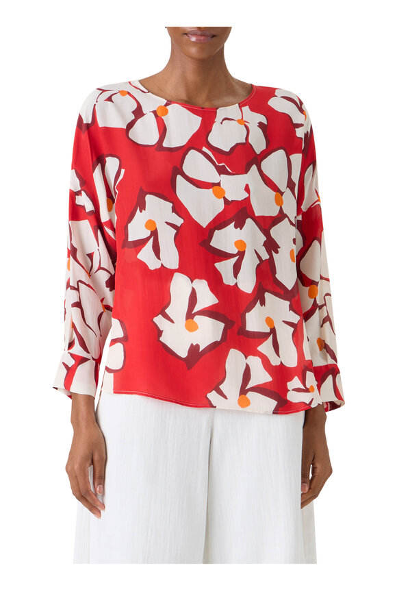 Akris Punto Red & Cream Large Flower Print Silk Blouse - view 2