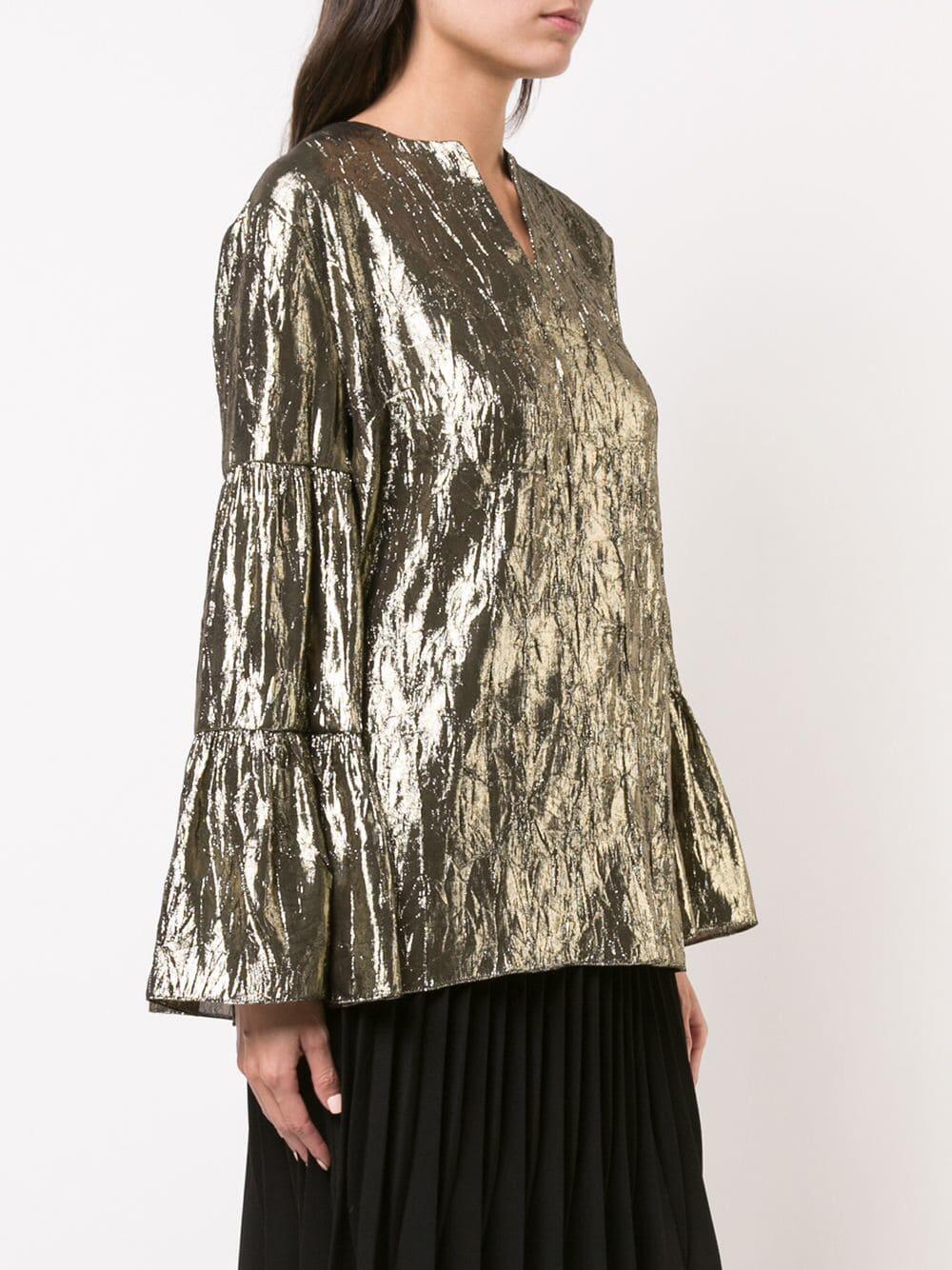 Michael Kors Collection - Gold Lamé Tiered Sleeve Peasant Top