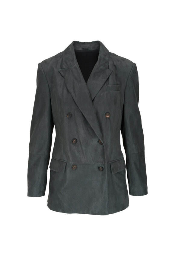 Brunello Cucinelli Forest Green Shiny Suede Double-Breasted Jacket
