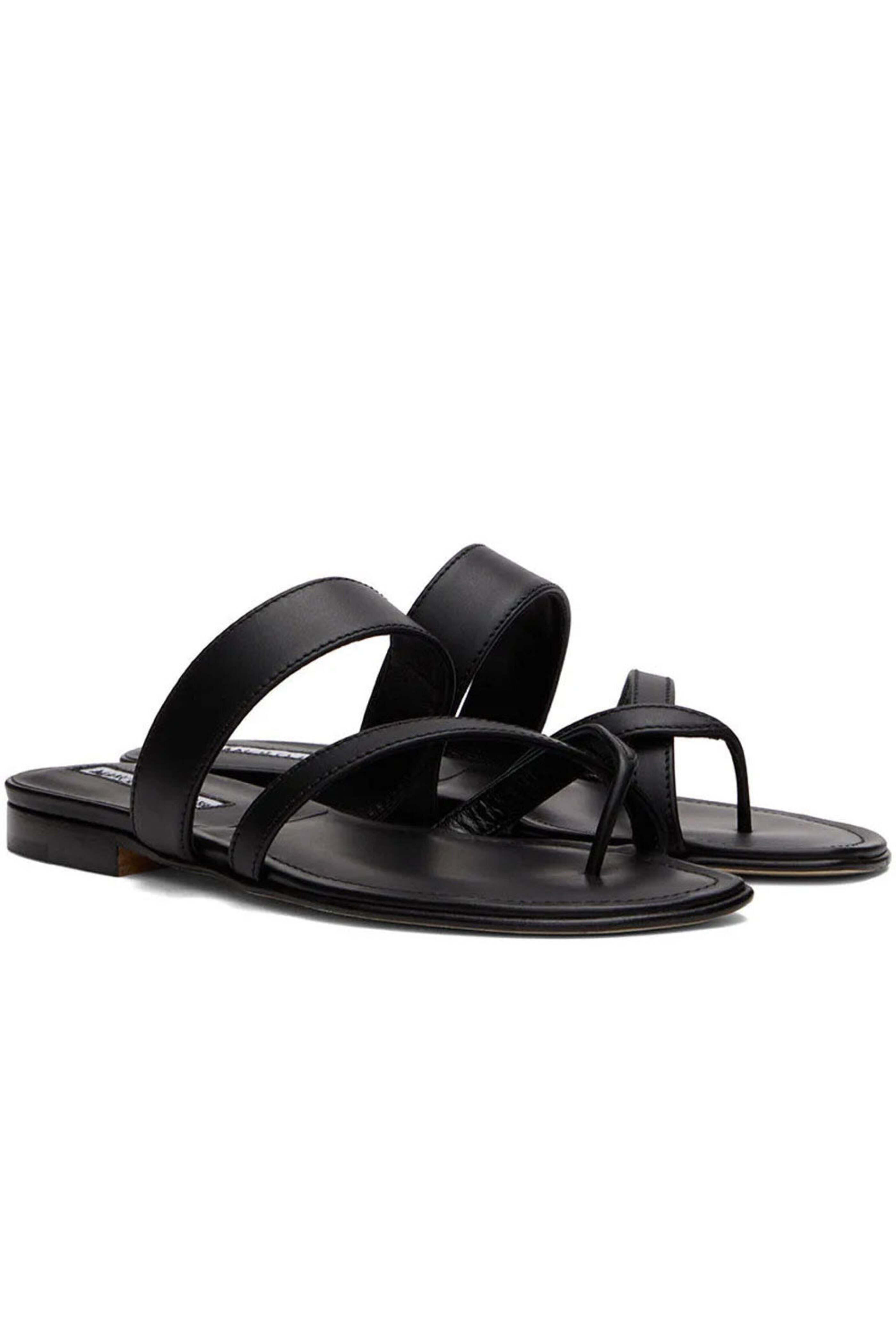 Manolo Blahnik - Susa Flat Leather Sandals in Black