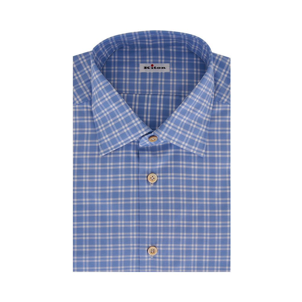 Kiton - Light Blue Check Cotton Dress Shirt | Mitchell Stores