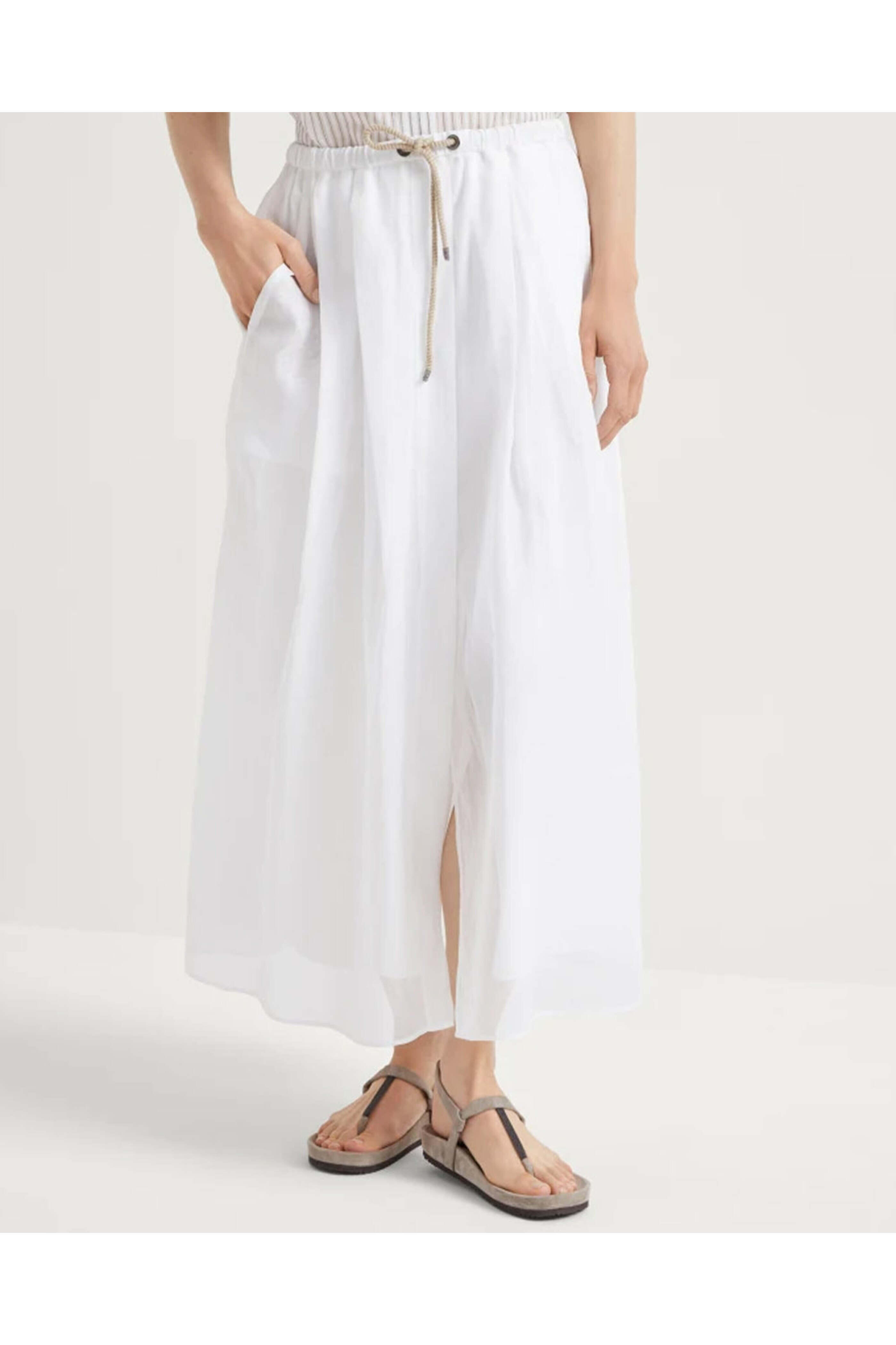 Brunello Cucinelli - White Gauze Drawstring Midi Skirt