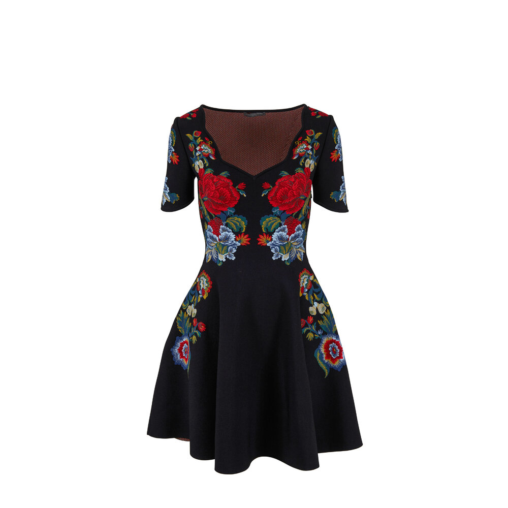 Alexander McQueen - Black Floral Jacquard Knit Mini Dress