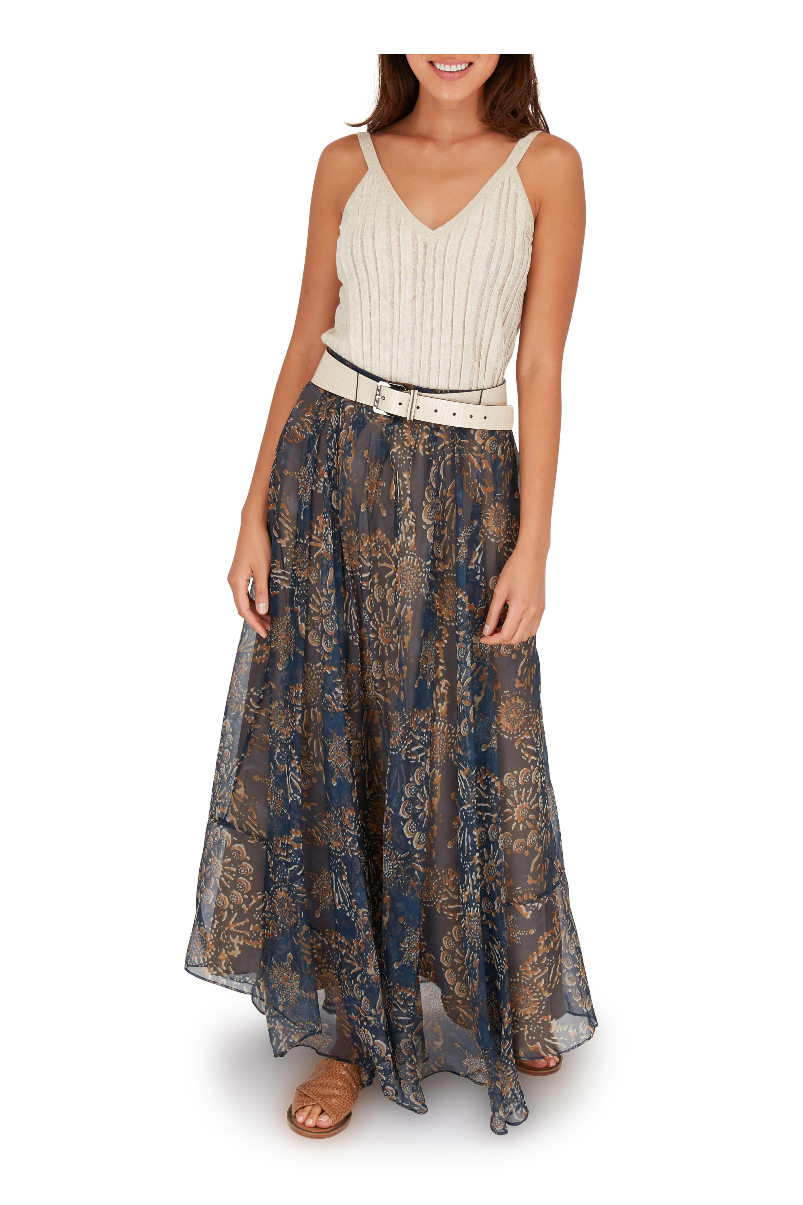 Brunello Cucinelli - Blue & Tan Silk Botanical Print Midi Skirt