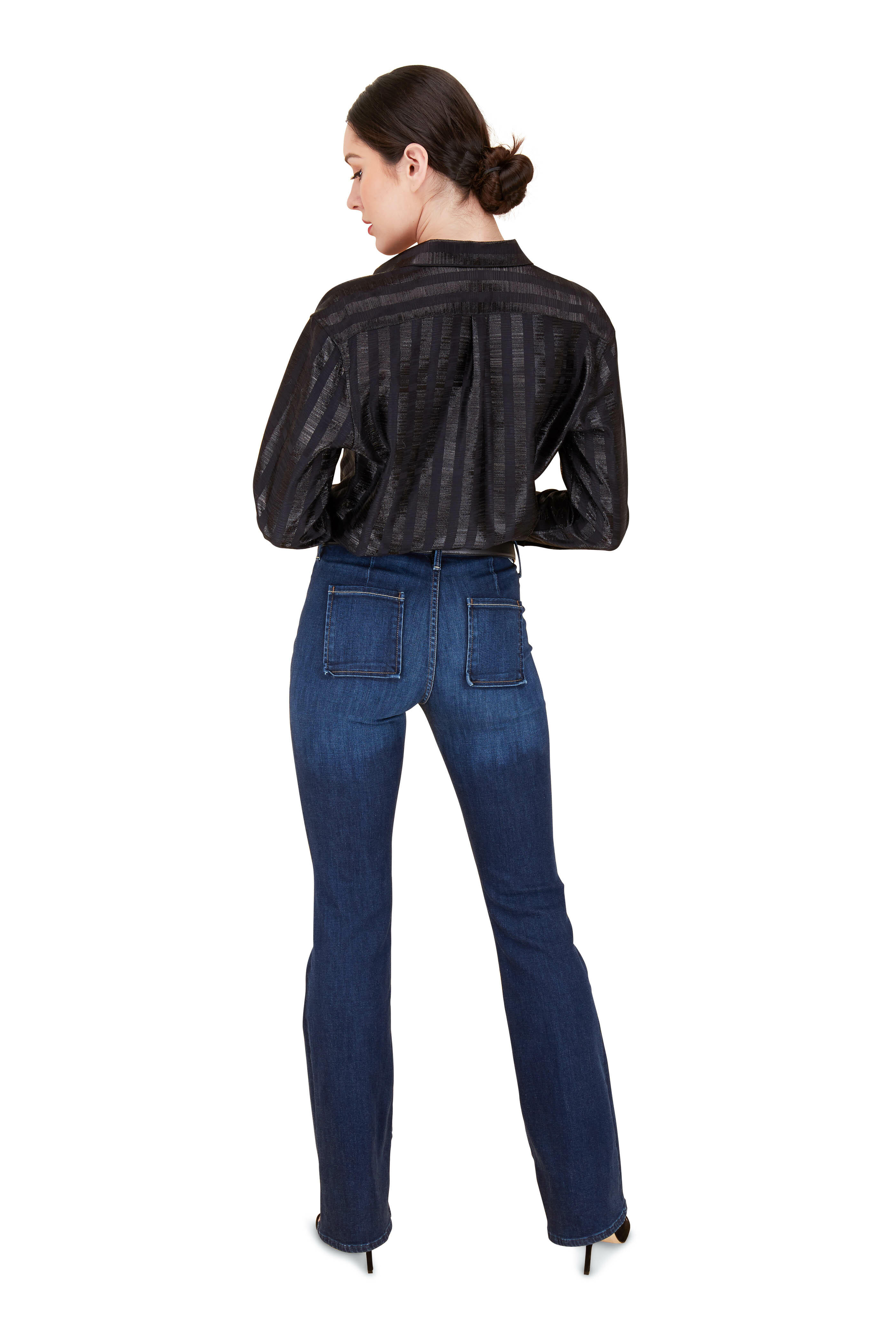 Saint Laurent - Black Silk Lamé Tonal Striped Blouse