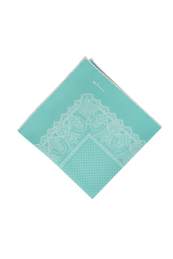 Kiton Seafoam Paisley Silk Pocket Square