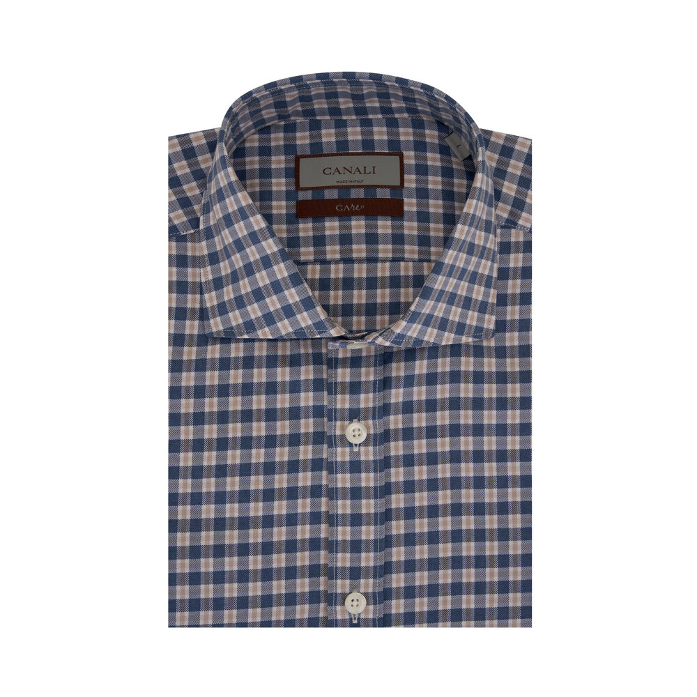 Canali - Blue & Tan Oxford Plaid Sport Shirt | Mitchell Stores