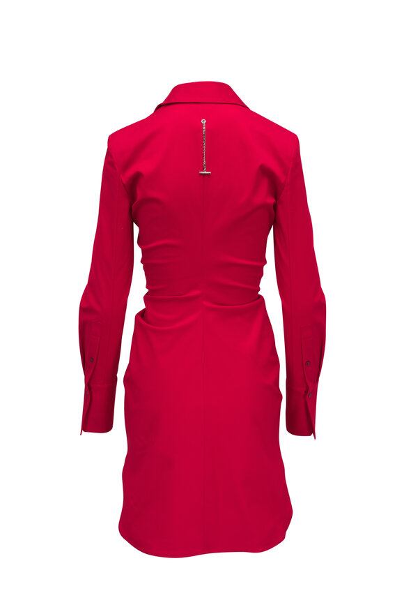 McQueen - Fire Red Ruched Shirting Cotton Dress