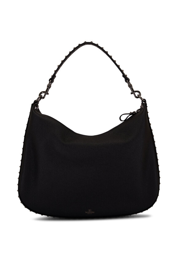 Valentino Garavani - Rockstud Black Grain Leather Hobo Bag