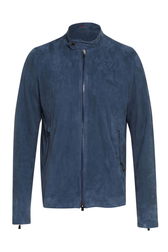 Isaia Medium Blue Suede Moto Jacket - view 1