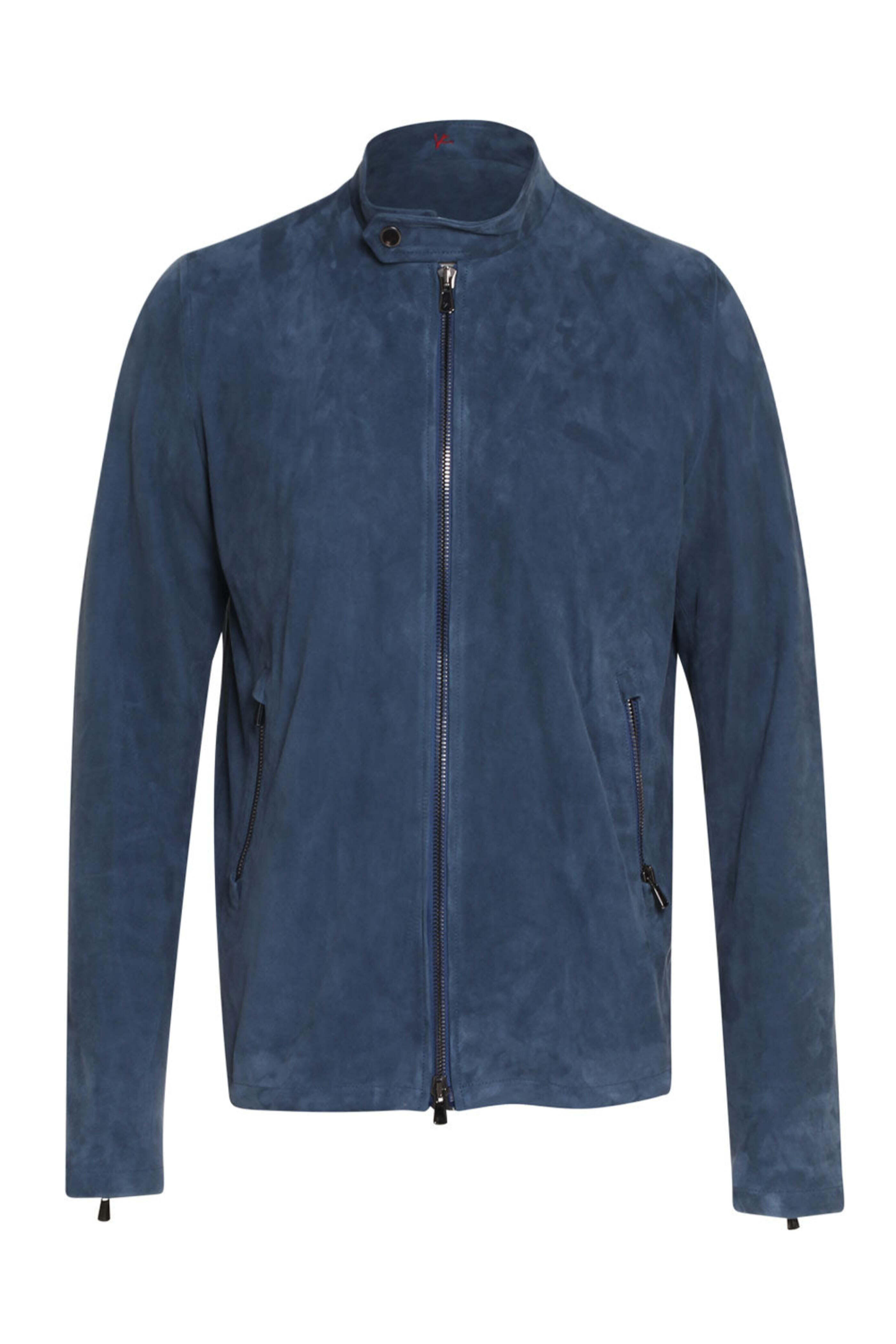 Isaia - Medium Blue Suede Moto Jacket | Mitchell Stores
