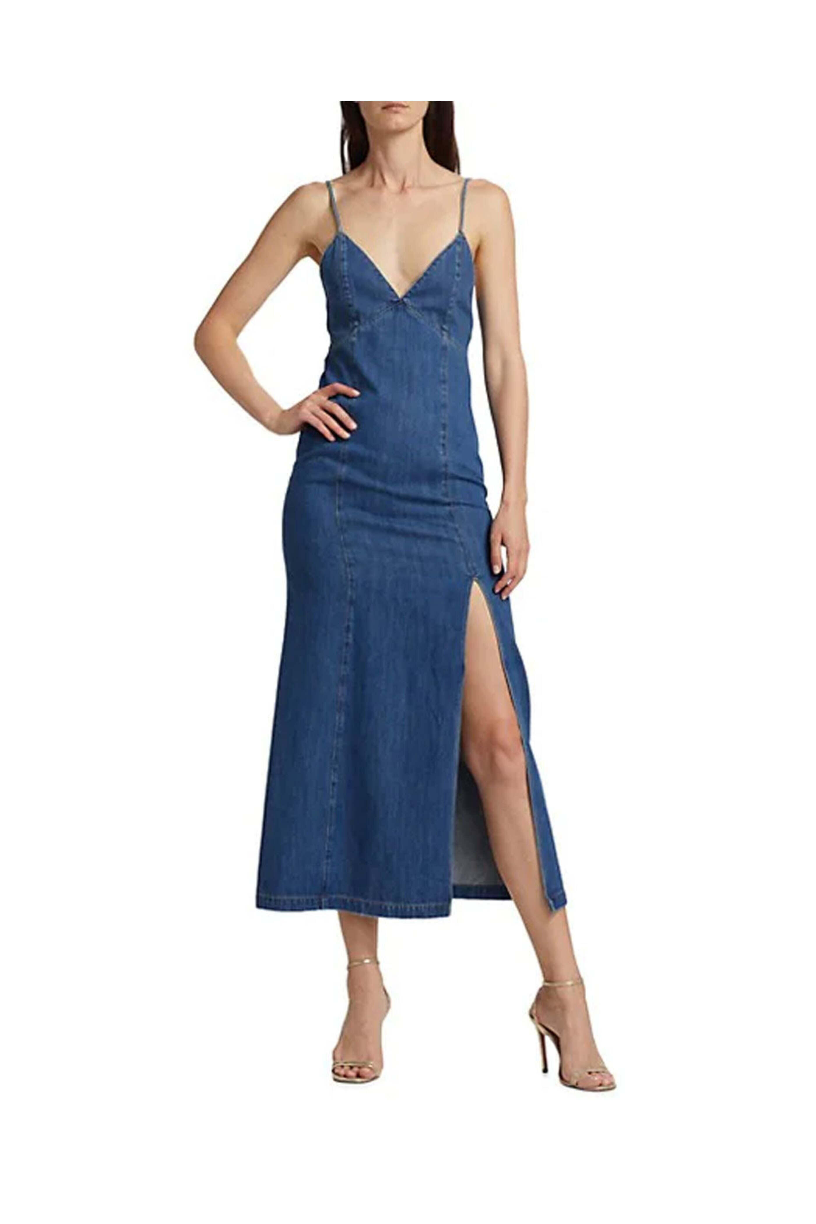 Alice & Olivia - Avery Blue Julietta Denim Slit Slip Dress