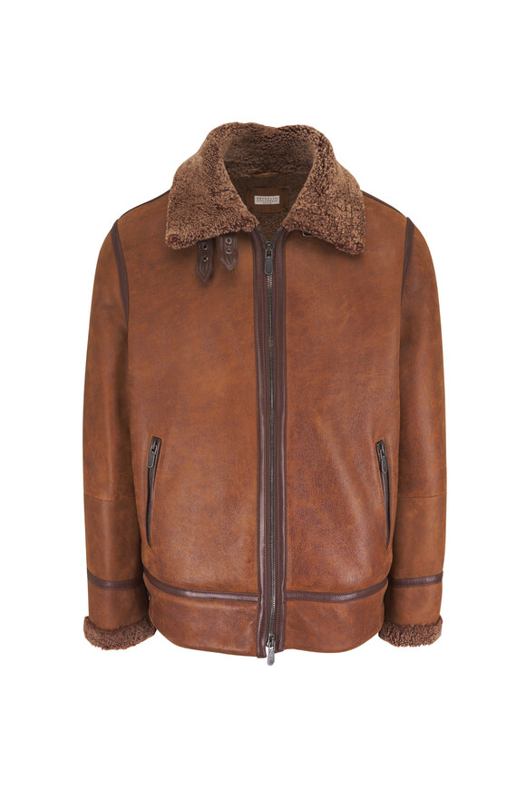 Brunello Cucinelli Vintage Brown Shearling Aviator Jacket - view 1