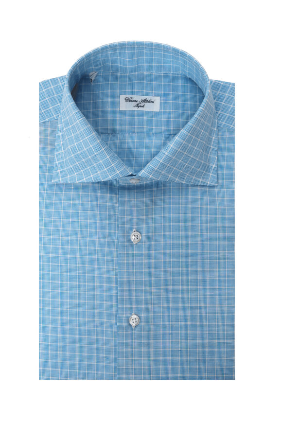 Cesare Attolini - White, Royal Blue & Brown Stripe Dress Shirt