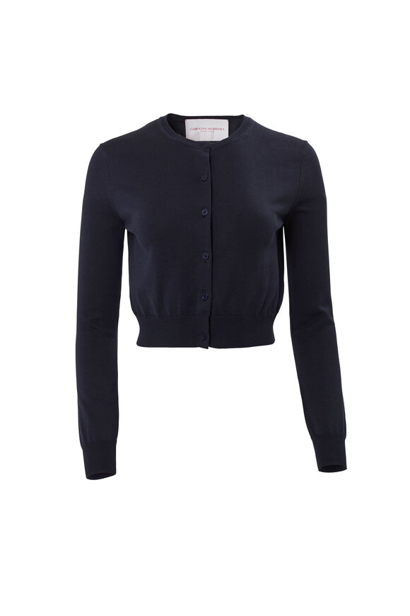 Carolina Herrera Navy Silk & Cotton Crewneck Cardigan - view 7