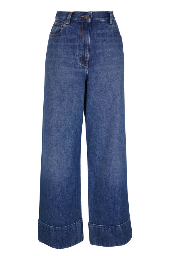 Valentino Medium Blue Denim Cuffed Wide Leg Jean