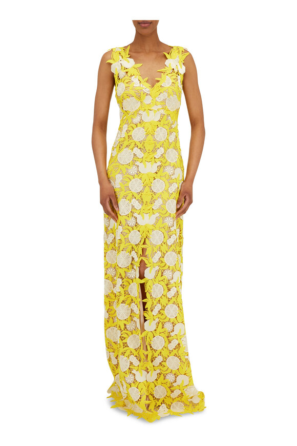 Lela Rose - Lemon Yellow Fruit Guipure Lace V-Neck Maxi Dress