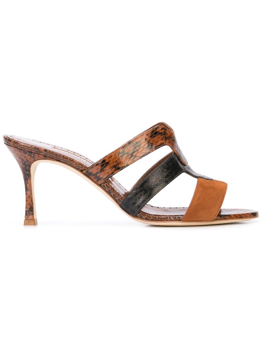 Manolo Blahnik - Pennina Brown Suede & Snakeskin Mule, 70mm
