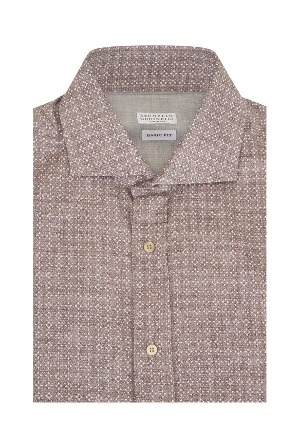 Brunello Cucinelli Brown Print Cotton Sport Shirt