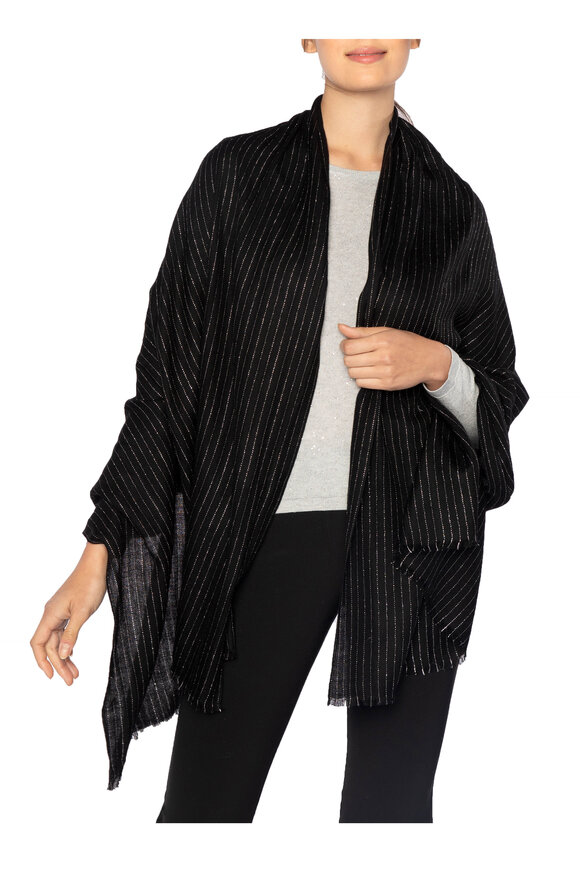 Kinross Black Lurex Stripe Herringbone Shawl - view 2