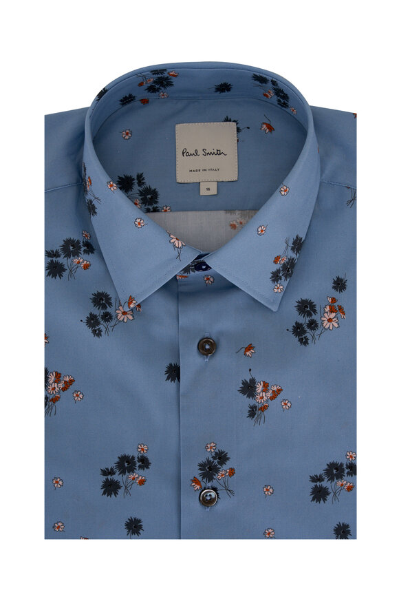 Paul Smith - Light Blue Floral Print Cotton Dress Shirt 