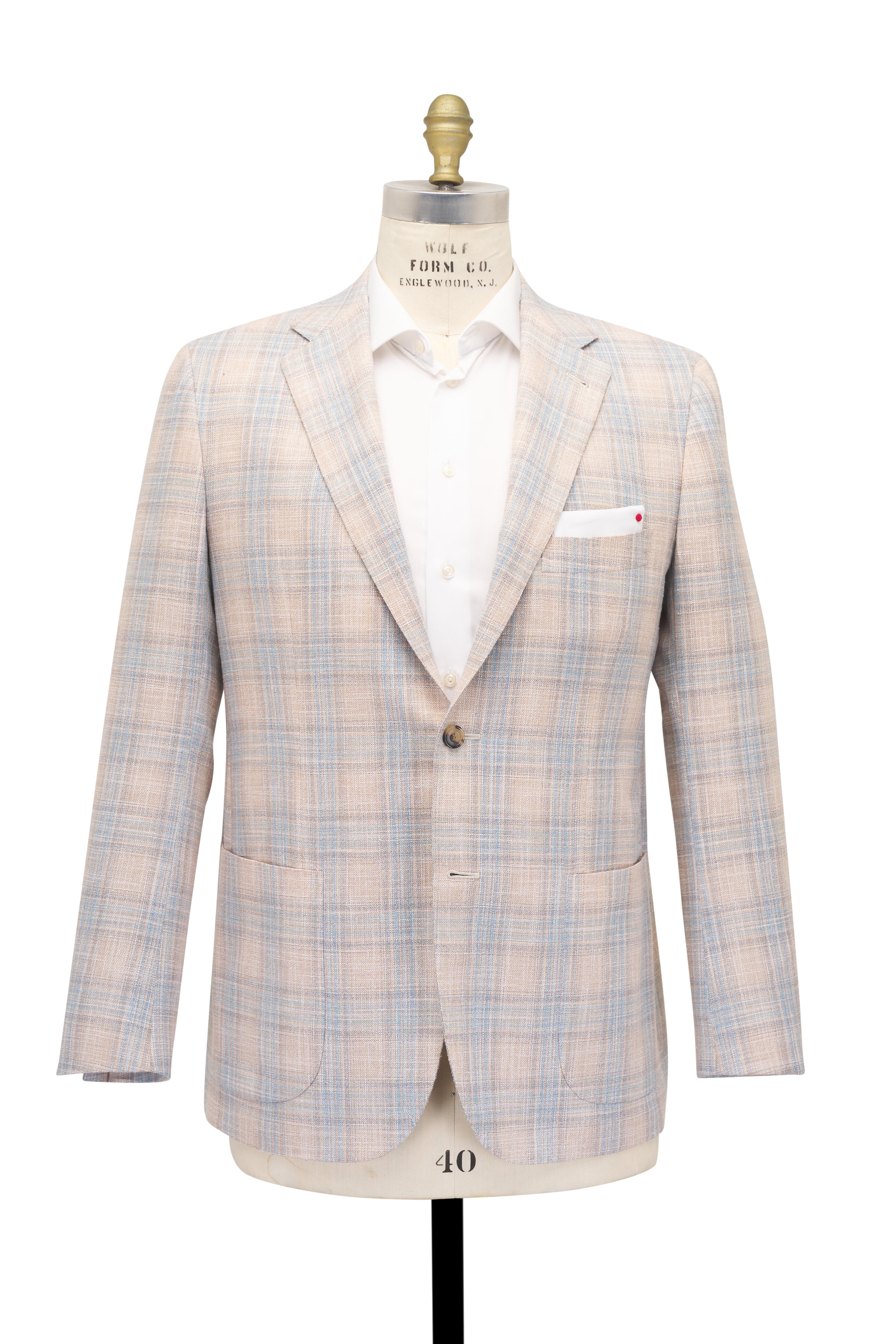Kiton - Beige & Blue Wool, Silk, & Cotton Plaid Sportcoat