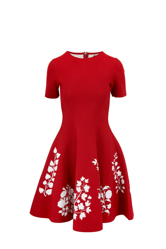 Oscar de la Renta - Cranberry Knit Floral Hem Short Sleeve Dress