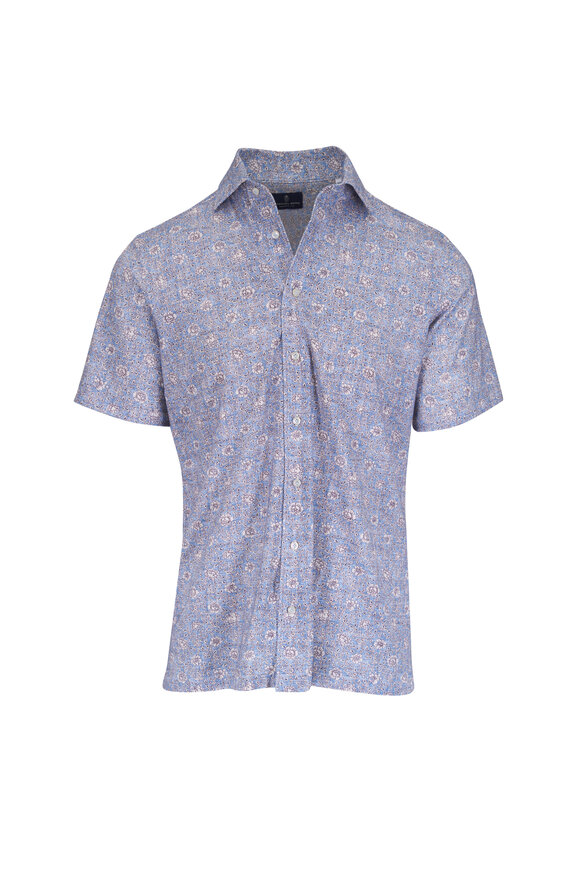 Emanuel Berg Pablo Medium Blue Floral Print Jersey Sport Shirt - view 1