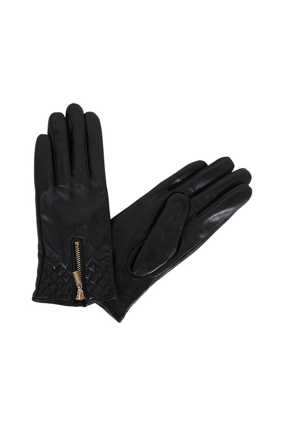 Adrienne - Black Leather Zip & Quilted Wrist Gloves