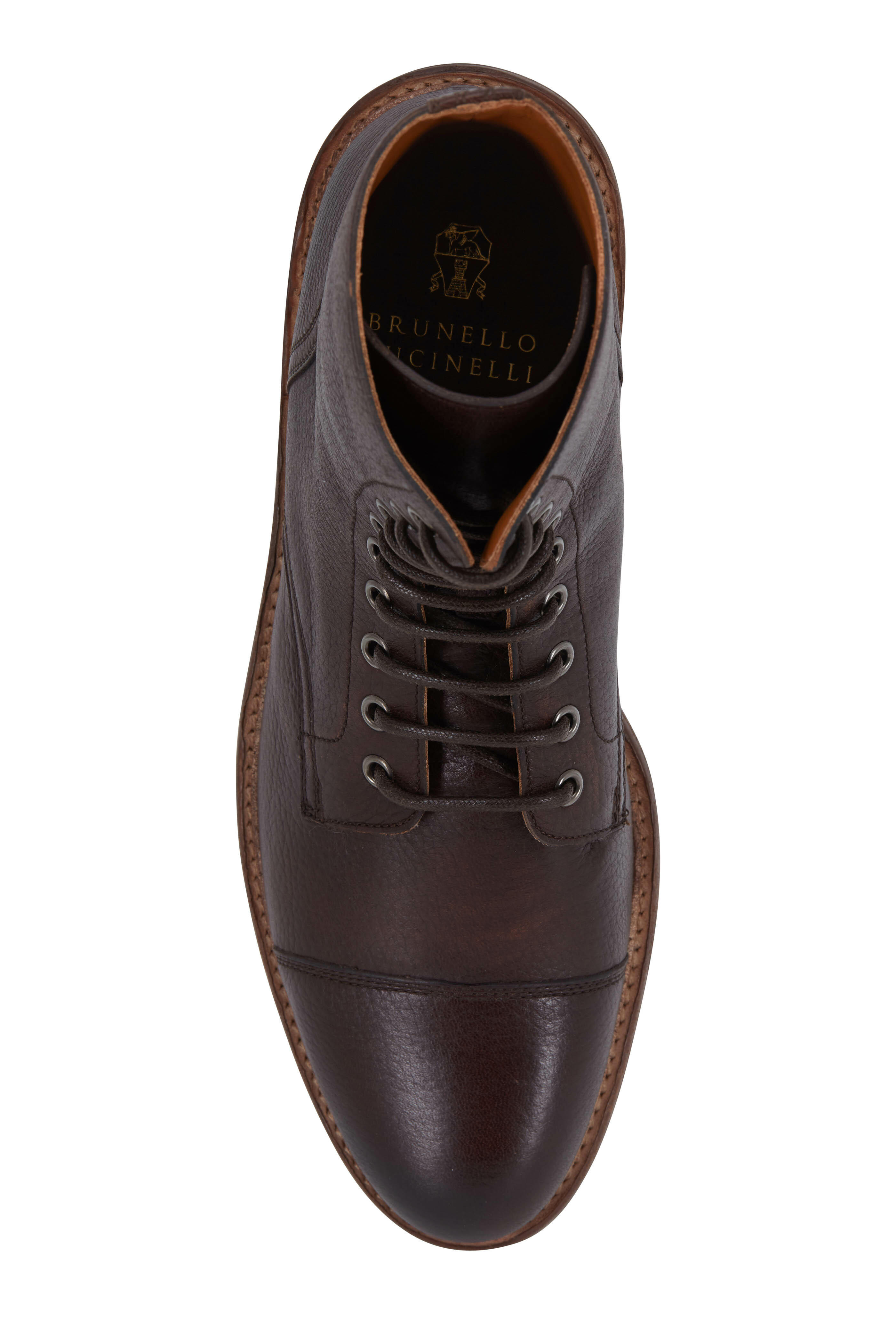 Brunello Cucinelli - Dark Brown Grained Leather Lace-Up Boot