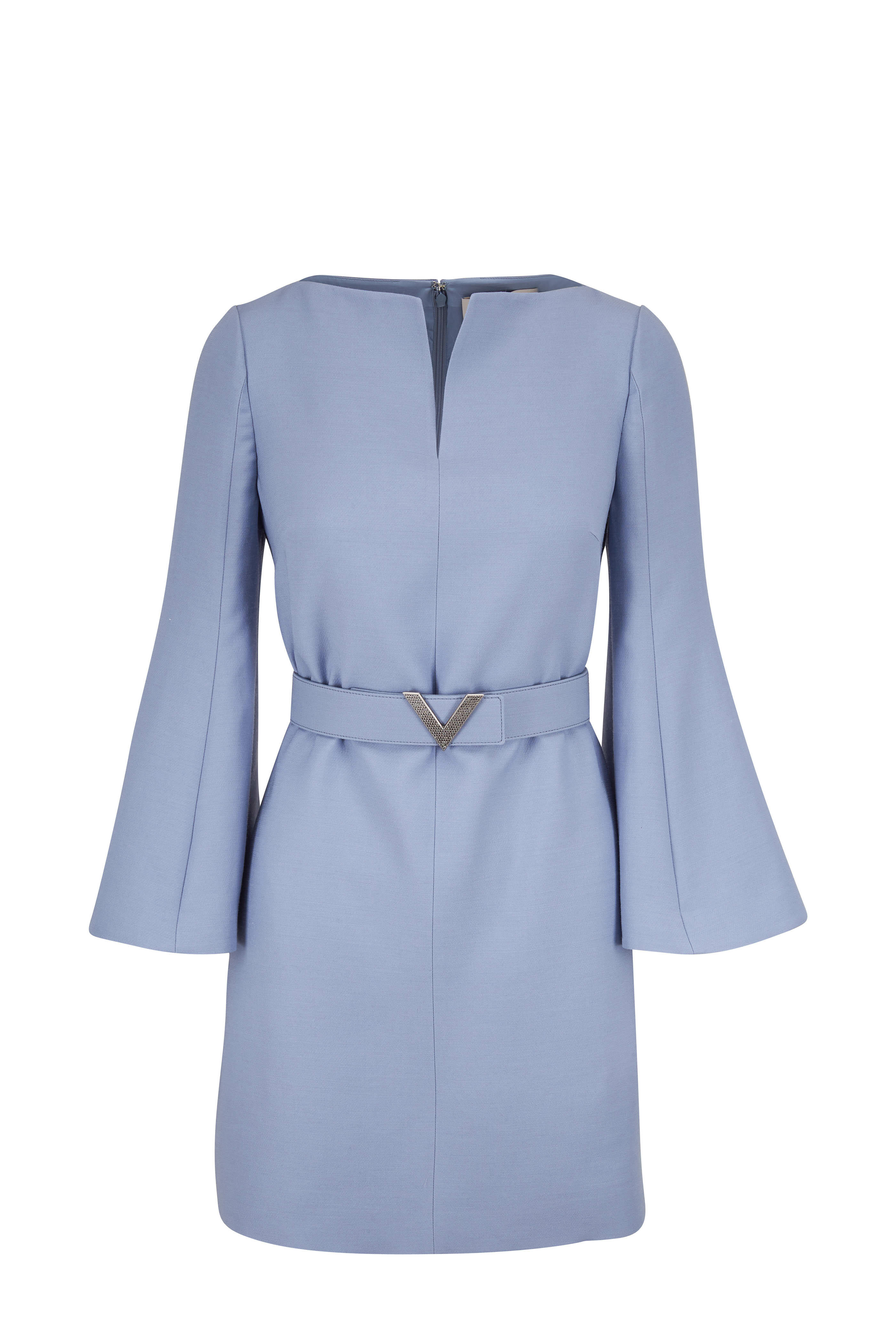 Valentino - Cloud Blue Crepe Couture Belted Long Sleeve Dress