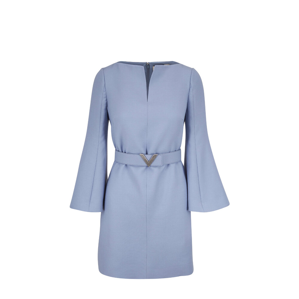 Valentino - Cloud Blue Crepe Couture Belted Long Sleeve Dress