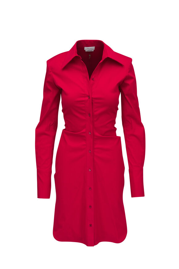 McQueen - Fire Red Ruched Shirting Cotton Dress