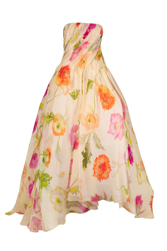 Carolina Herrera Almond Multi Poppy Print Organza High-Low Gown