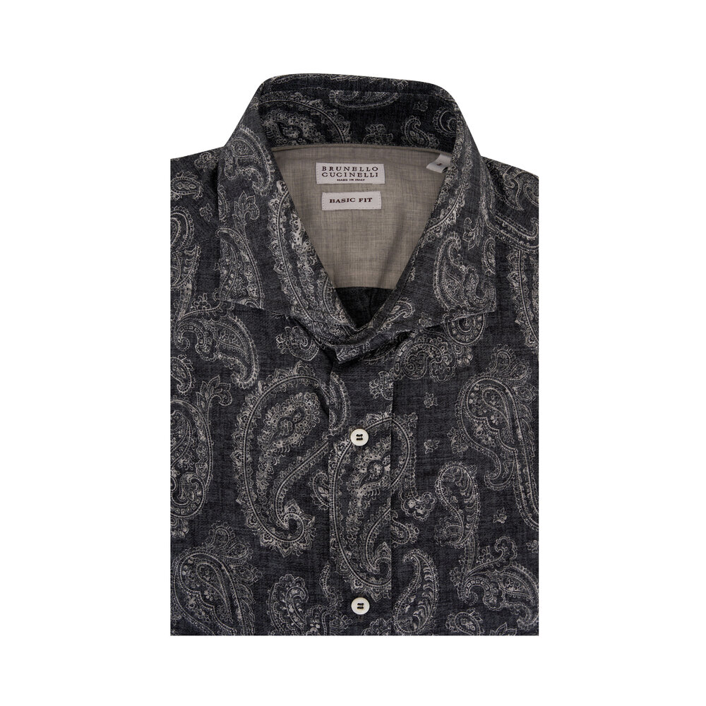 Tシャツ・カットソー BRUNELLO CUCINELLI Slim fit cotton Paisley canvas shirt Stone Slim-Fit Cutaway-Collar Brushed Paisley-Print Cotton