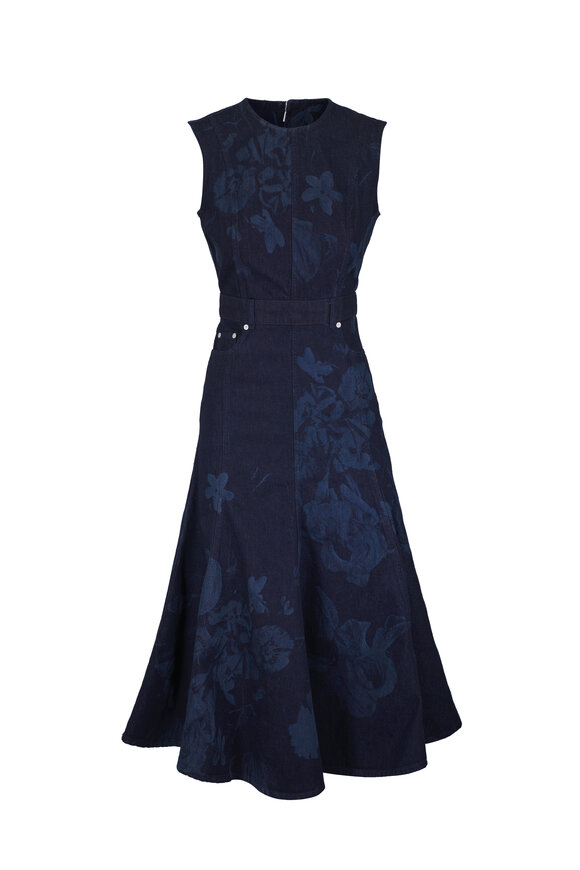 Erdem Floral Denim Fluted Midi Dress