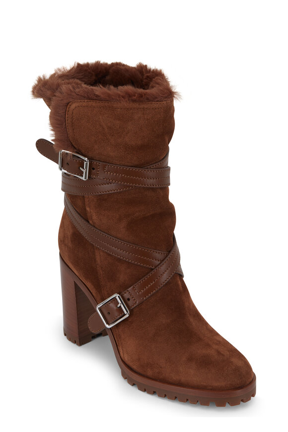Gianvito Rossi - Texas Cognac Suede Shearling Lined Boot, 85mm